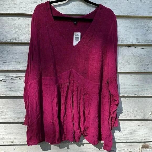 Torrid dark pick peasant blouse smocked balloon Bohemian Whimsigoth Plus size - Picture 8 of 9